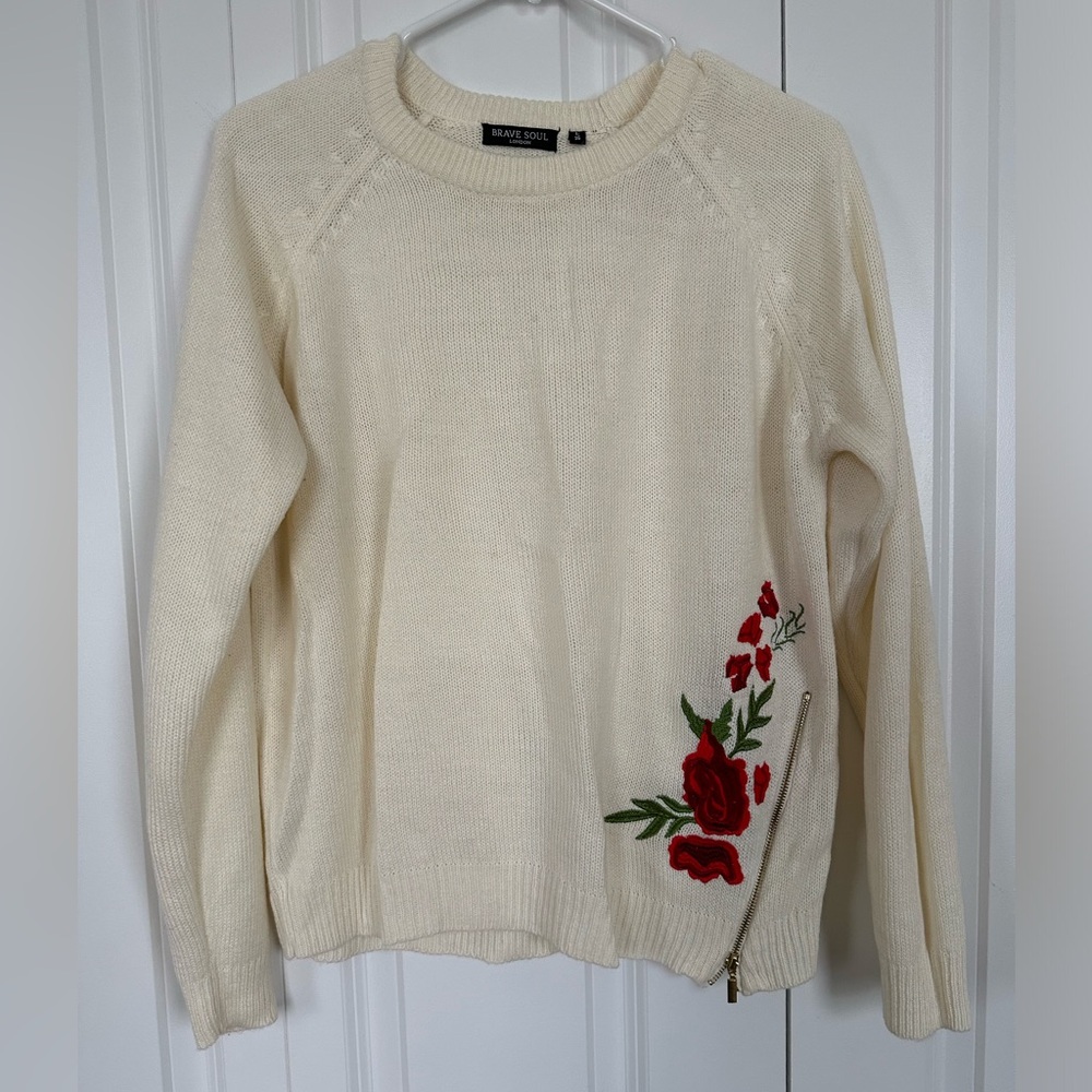 Brave Soul Embroidered Sweater With Zip Detail
